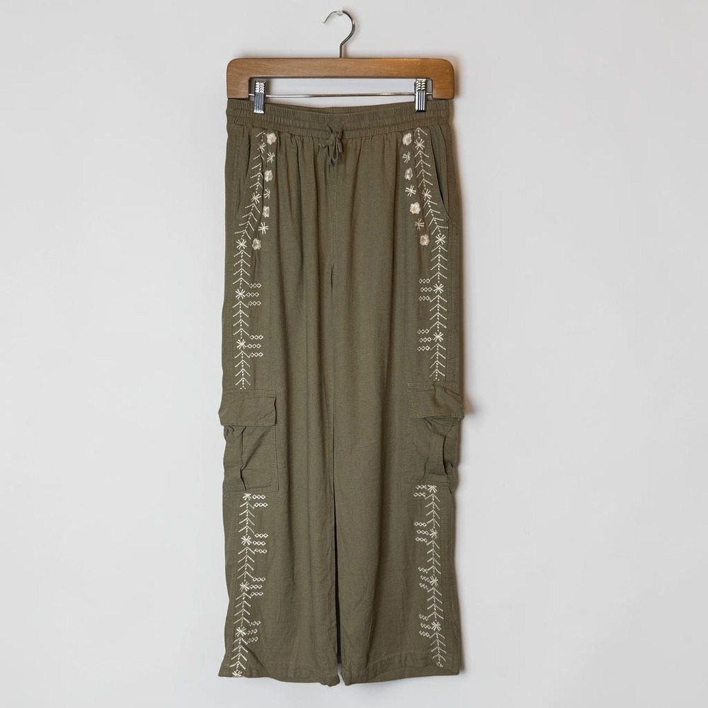 Paparazzi Linen Cargo Pants Embroidered Boho Resort Wear Lagenlook Coastal sz S - Picture 1 of 5